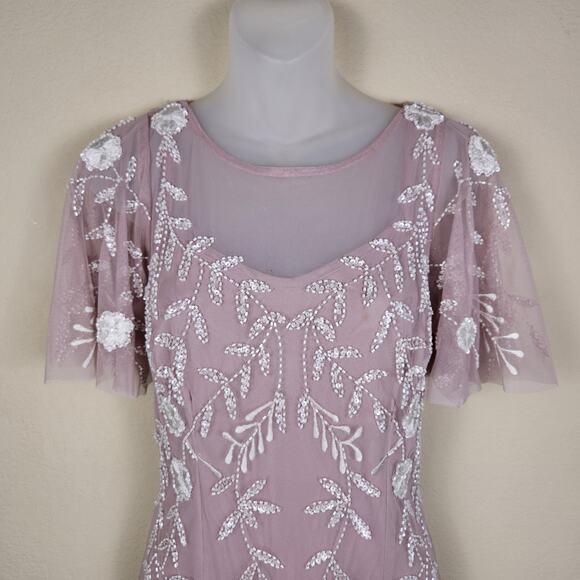 Adrianna Papell Embellished Dress Flutter Sleeve Cocktail Party Beaded Pink Sz 6 - Picture 5 of 16